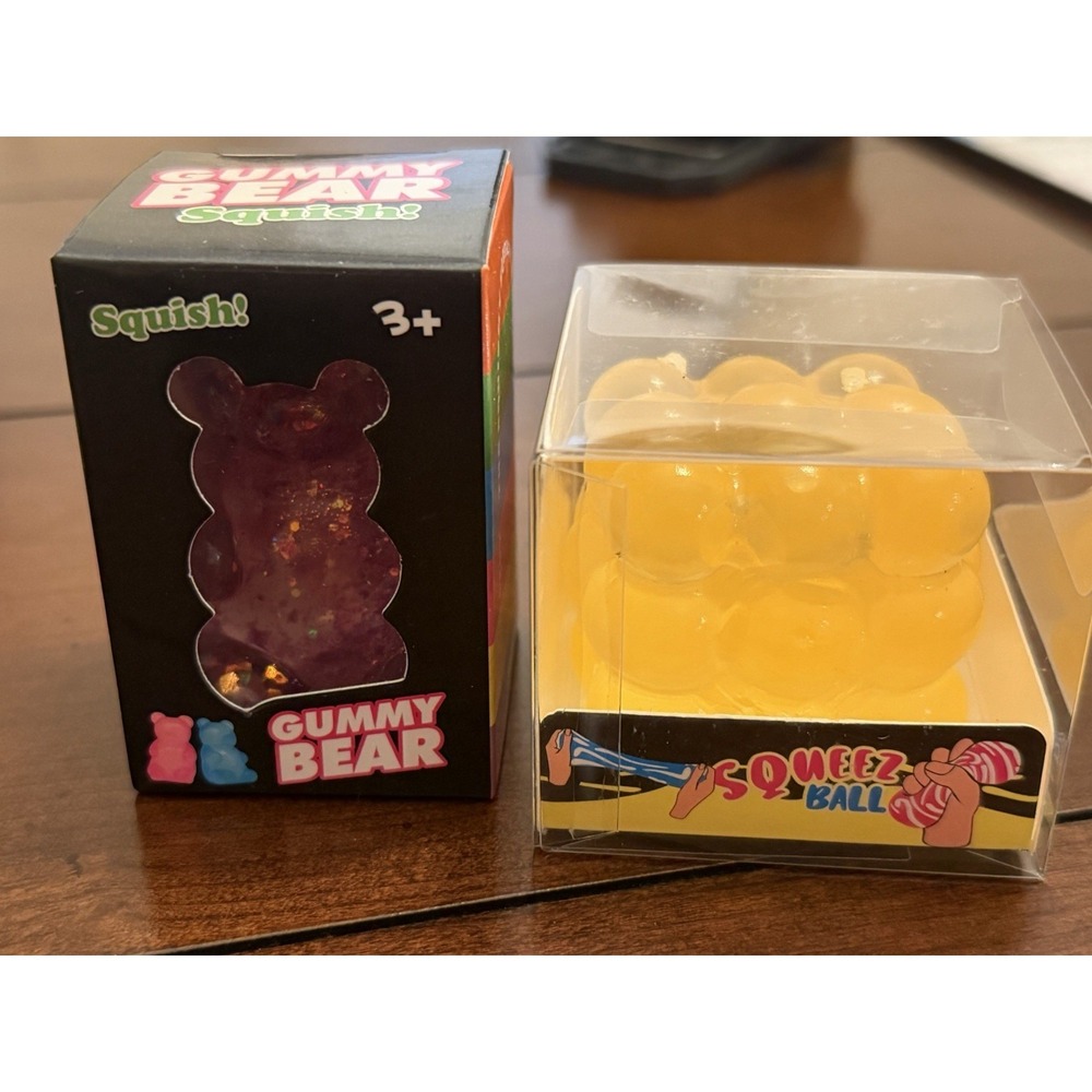 Squish Sparkly Pink Bear and Yellow Squeez Ball
